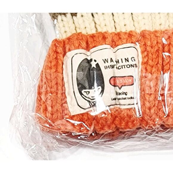 T&T Orange & Beige Knitted Unisex Striped Fleece Warm Fur Lined Pom Beanie Hat - Picture 4 of 5